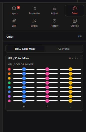 HSL color mixer panel with eight-channel hue, saturation and luminance control